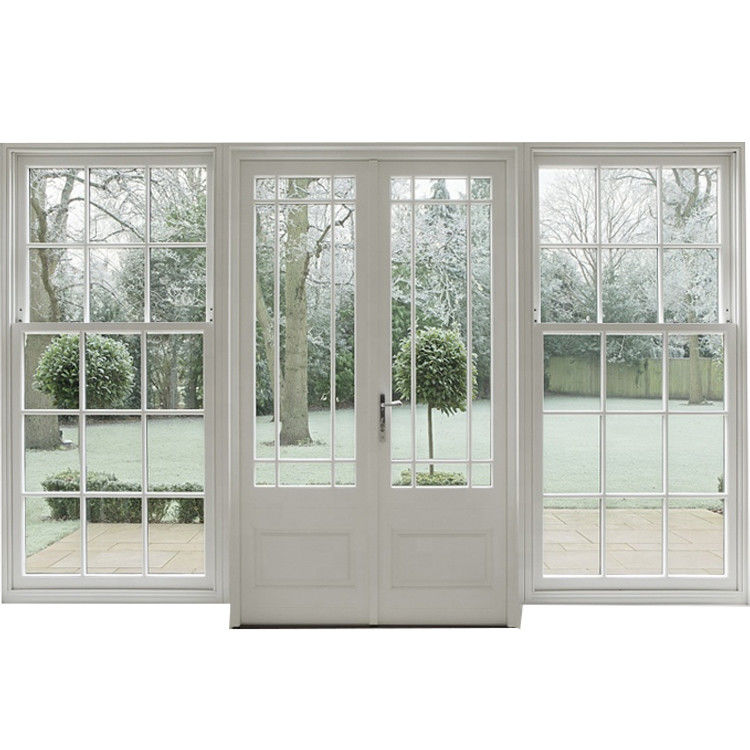 Moderne tuin PVC en UPVC dubbele glazen toegangsdeur in natuurlijke houtkleur met materialen